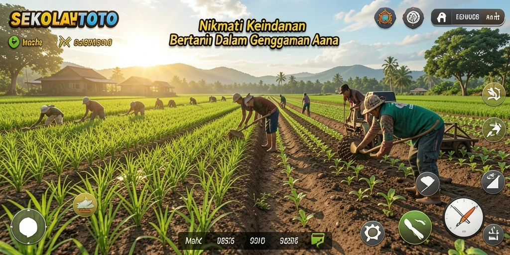 Gameplay SEKOLAHTOTO menampilkan ladang hijau yang subur dan hewan ternak yang bahagia.